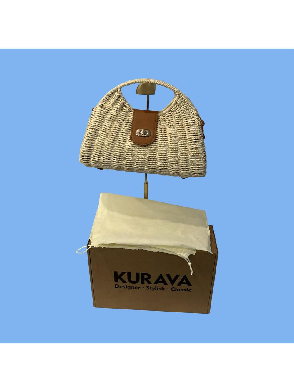 Kurava Woven Straw Handbag with Brown Leather Accents